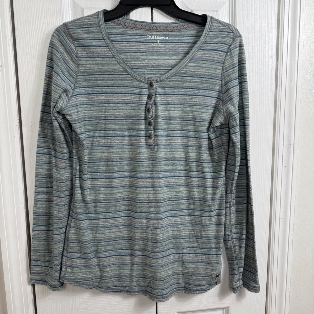 RuffHewn Striped Henley Shirt Small Green Blue Long Sleeve Cottagecore Gorpcore
